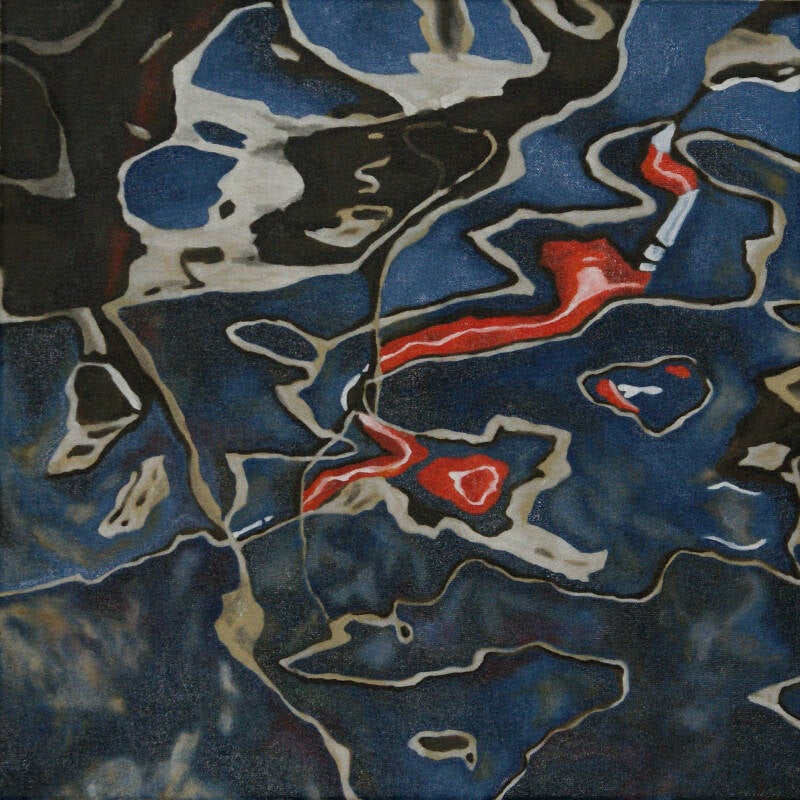 painting of black, brown, red and blue reflections in water