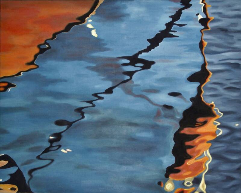 painting of orange and blue reflection in water