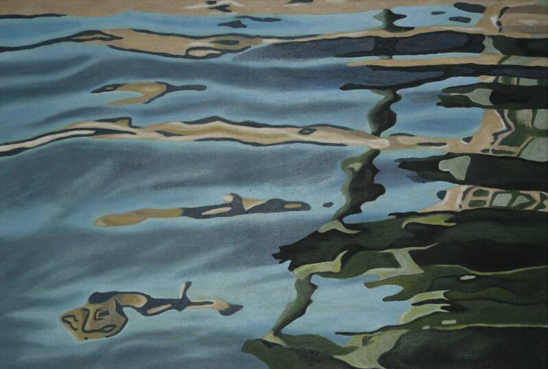 painting of blue, brown and green reflections in water