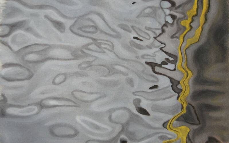 painting of grey and yellow reflections in water