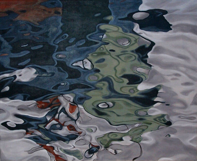 painting of red, blue, green and grey refelections in water