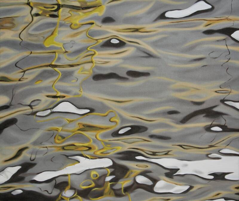 painting of yellow, grey and white reflections in water