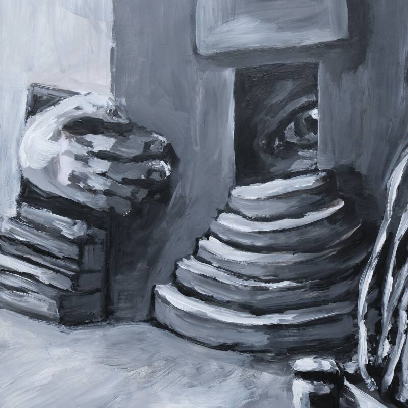 Stalker, acrylic painting of an eye peeking out of a building