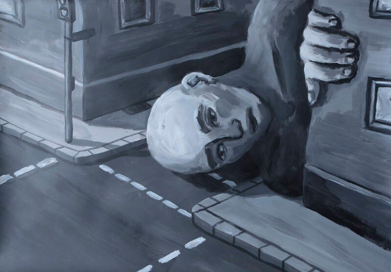 acrylic painting in grey tones, a giant person is lying on their side peeking around the corner building on an intersection