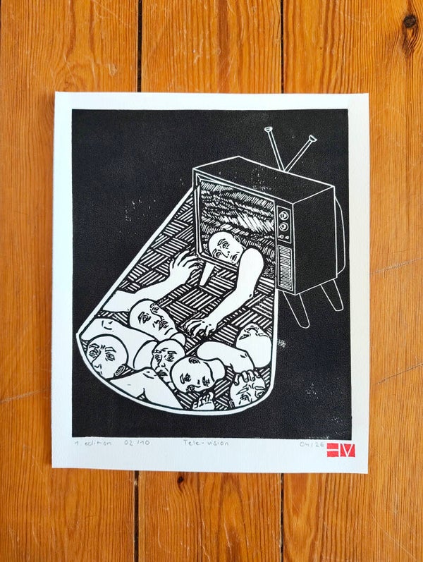 Tele-vision - Handmade Linoprint 20 x 24 cm Black & White