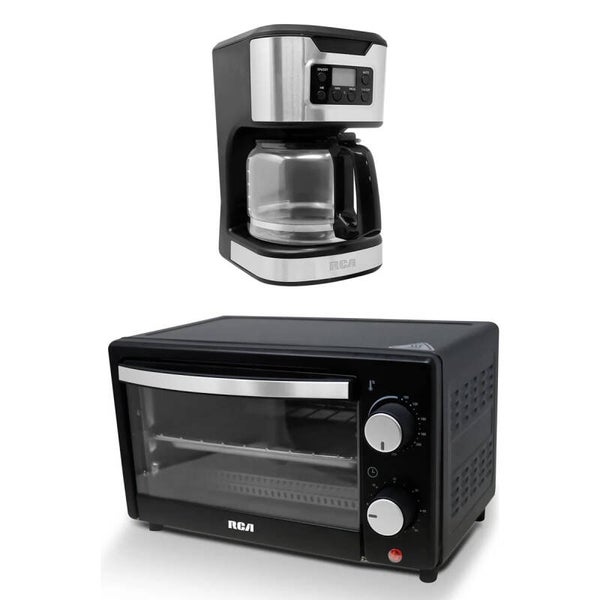 AM3KCAFF Combo Desayuno: Cafetera Digital Programable 12 Tazas RCA + Horno Tostador Eléctrico 9 L