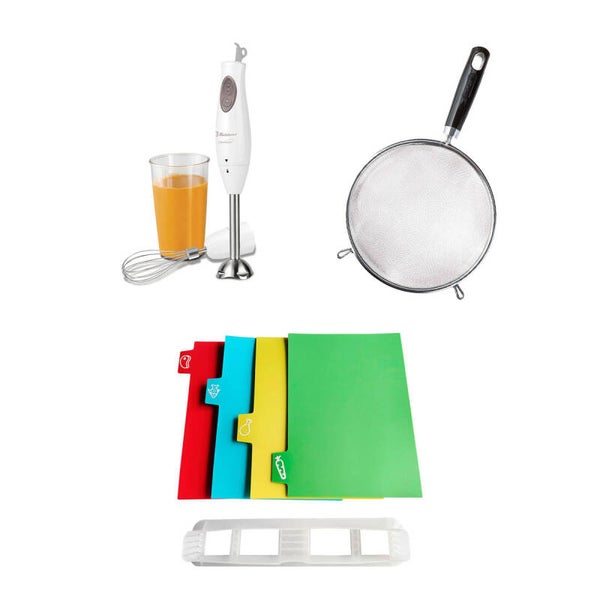 AM3KCOLBAT Combo Cocina Linda: Batidora de Inmersión 300 W + Colador Optima + Set de 4 Tablas Antideslizantes