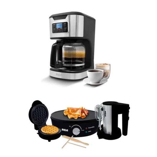 AM3KCOMDUL Combo Desayuno Dulce y Café: Crepera, Mini Waflera, Batidora + Cafetera Digital 12 Tazas RCA