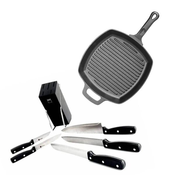 AM3KCUCU Combo Cocina: Grill Cuadrado Vital 26 cm + Juego de Cuchillos 6 Piezas
