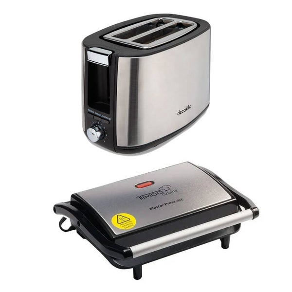AM3KGRILO Combo Desayuno: Grill Panini 850 W + Tostador de Pan 2 Rebanadas Acero