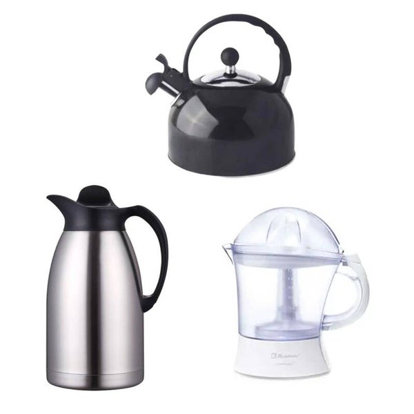 AM3KJATEX Zet de bebidas calientes y jugos: Tetera silbadora, Jarra termica y exprimidor de citricos.