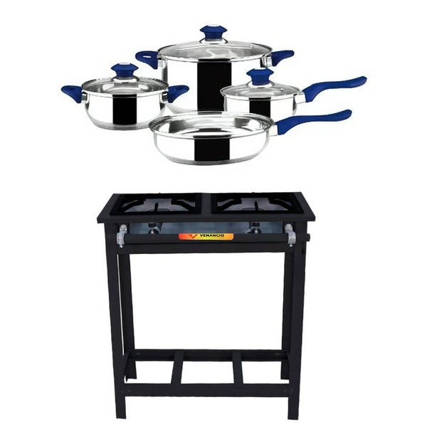 AM3KPARG Combo Cocina: Parrilla de Gas 2 Quemadores + Batería 7 Piezas Acero Inoxidable Roja