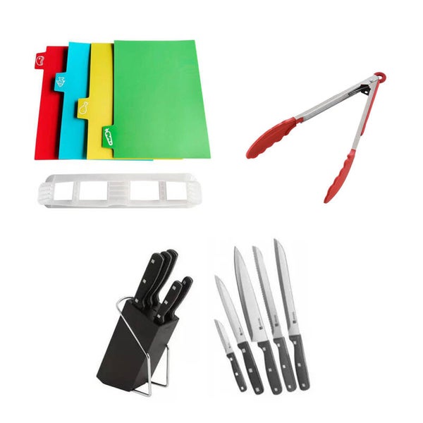 AM3KSETS4 kitcorte:Set de Cuchillos Sharp 6 Pzas + Tablas Antideslizantes + Pinzas Rojas 30cm