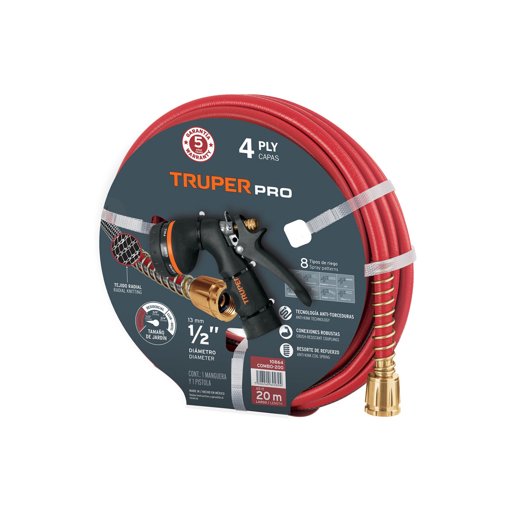 AM3K10864 Combo manguera MAN-20X1/2X y pistola de riego PR-208, TRUPER