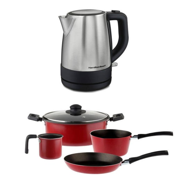 AM3KBAHE Combo Cocina: Batería Deleite 5 Piezas Roja Ecko + Hervidor Hamilton Beach 1 L Acero Inox