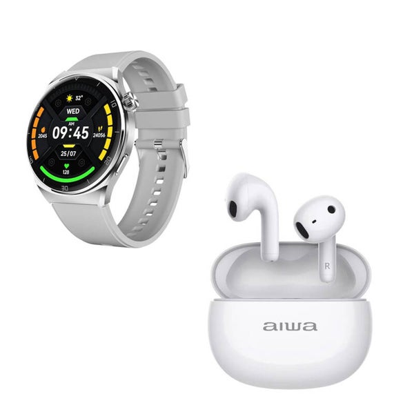 AM3KREAU Combo Tecnología Personal: Reloj Inteligente Aiwatch Gris + Audífonos Bluetooth True Wireless AIWA