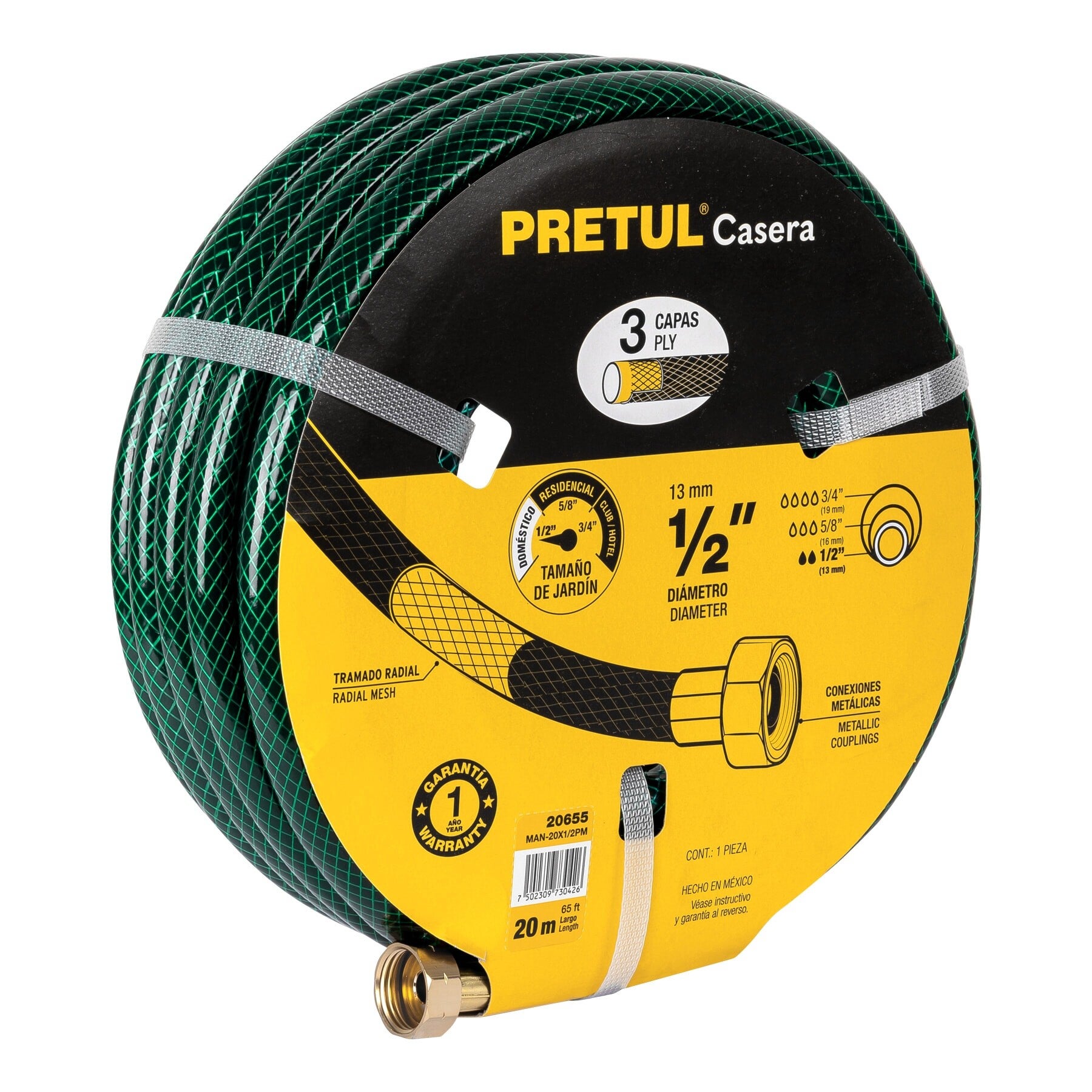 AM3K20655 Manguera 1/2' reforzada 3 capas conexiones metal 20m, PRETUL