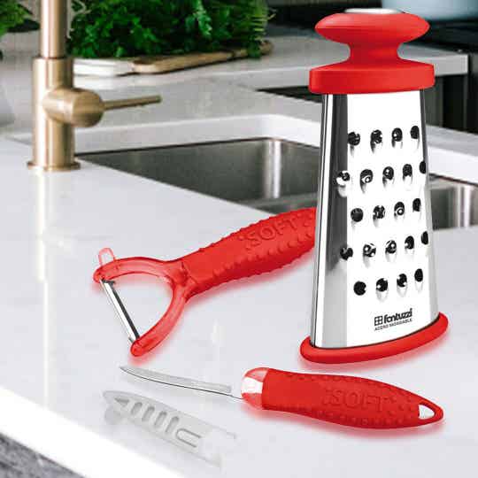 UTENSILIOS DE COCINA 3 PZAS ACERO INOXIDABLE MANGO ERGONOMICO ROJO MAGEFESA