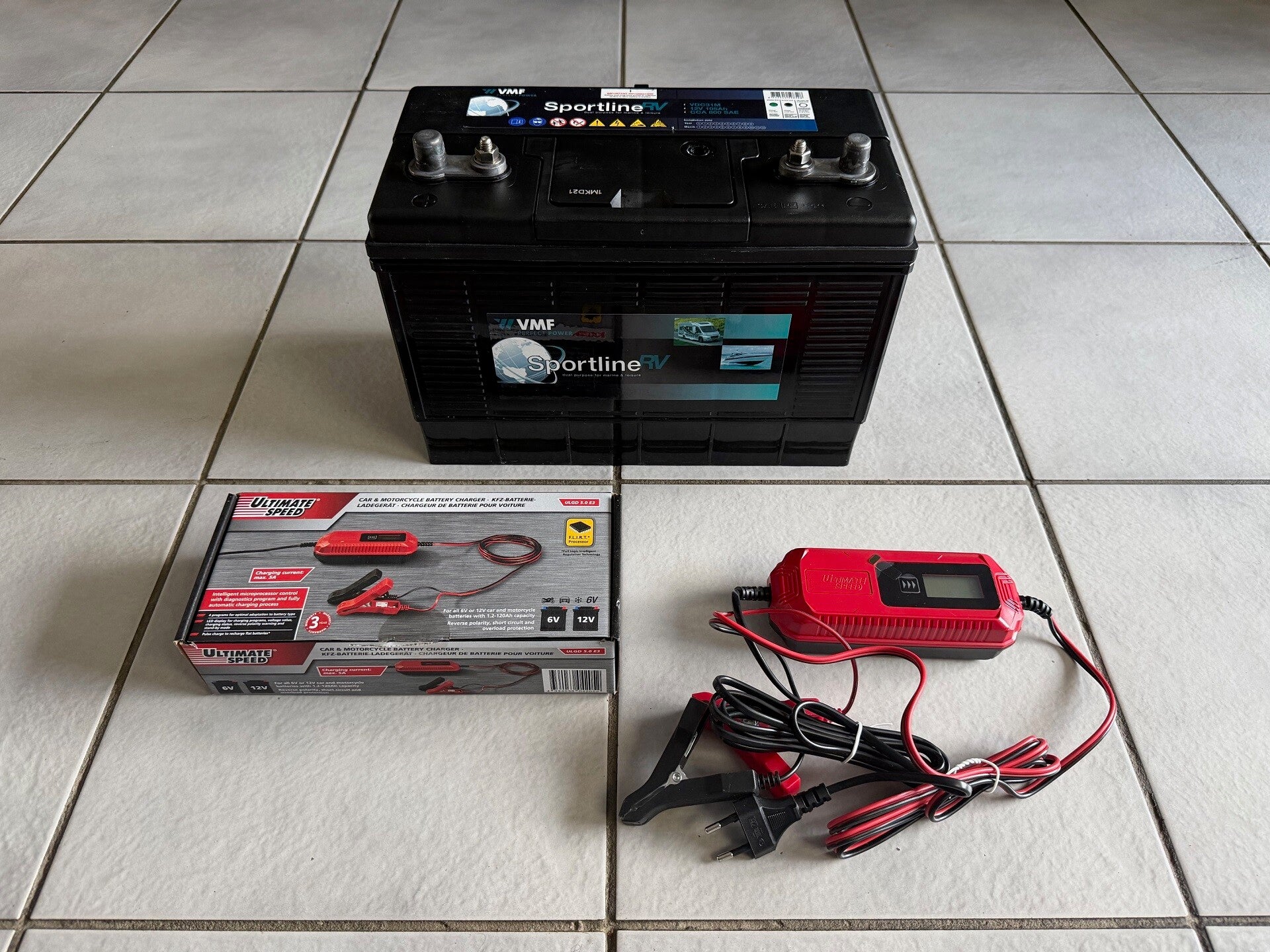 Sportline 105Ah inclusief NIEUWE ! UltimateSpeed accu oplader alleen icm aankoop van een fluistermotor