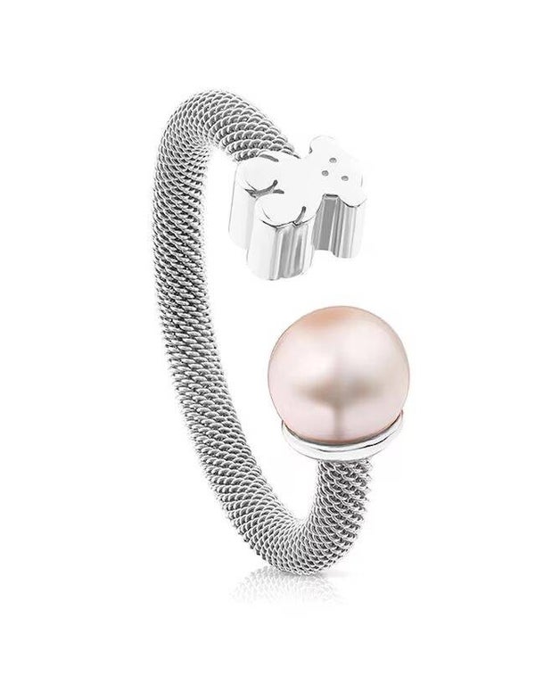 Anillo de acero y plata vermeil rosa con perla cultivada motivo oso Icon Mesh