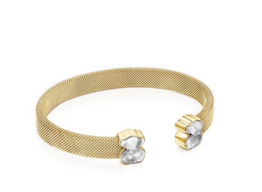 Esclava TOUS Mesh Color  dorado con dos osos de howlita y bisel de plata vermeil.