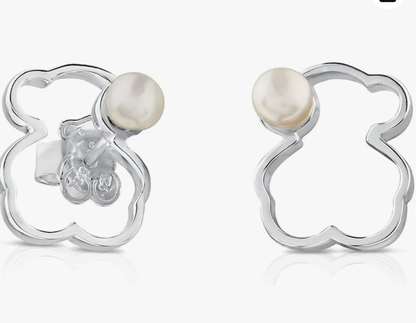 TOUS Pendientes de plata de ley para mujer con motivo de perla y oso, tamaño: 0.6 in, colección Silueta, Plata de ley Perla