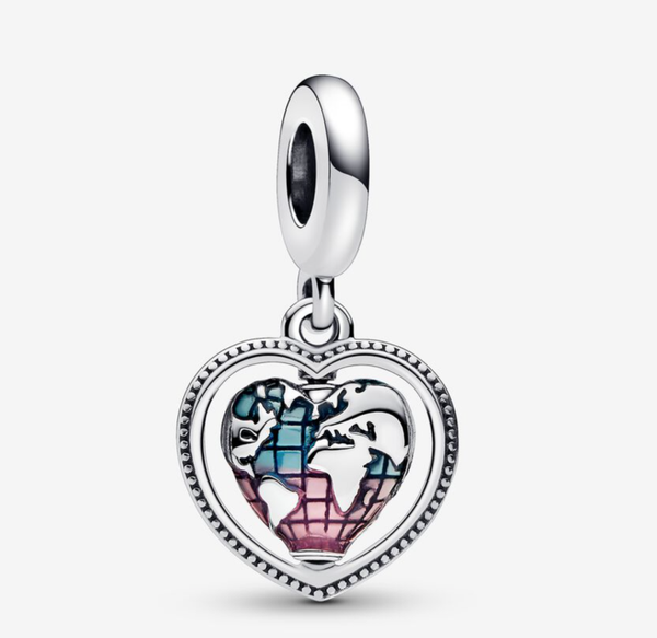 Family Spinning Heart Globe Dangle Charm