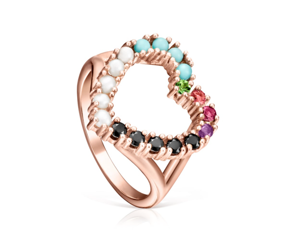 Anillo TOUS corazón de plata vermeil rosa y gemas multicolor forma corazón