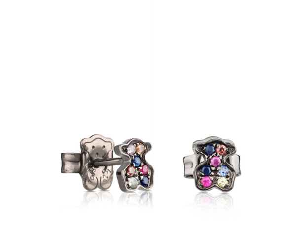 Pendientes de plata pavonada y zafiros multicolor con motivo oso 0,64cm. Fantasy