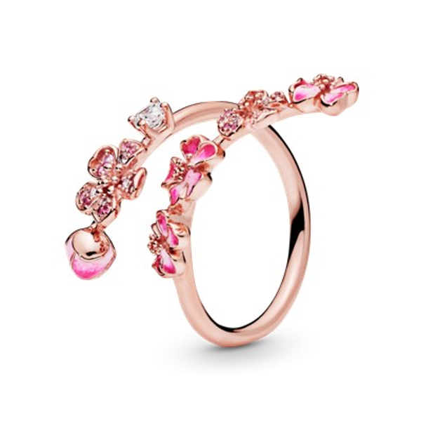 Pink Peach Blossom Flower Branch Open Ring