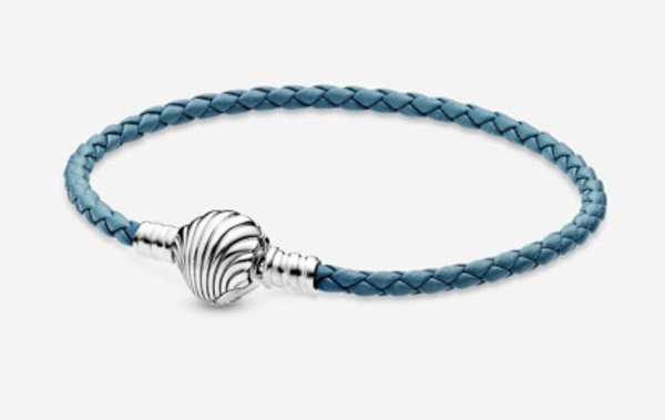 Pandora Moments Seashell Clasp Turquoise Braided Leather Bracelet