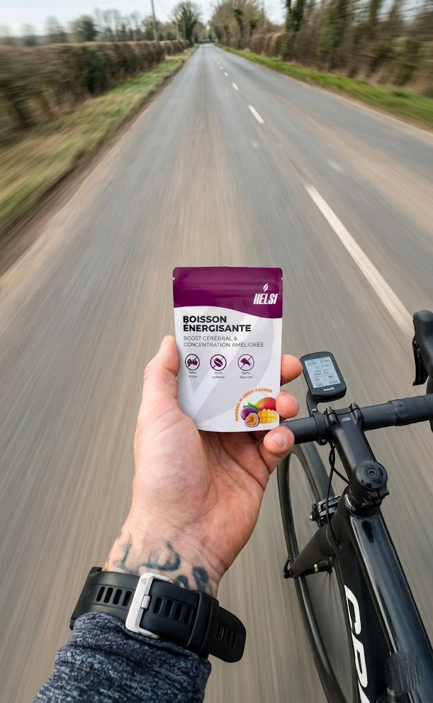 un pack de helsi tenu à une main par un cycliste sur la route