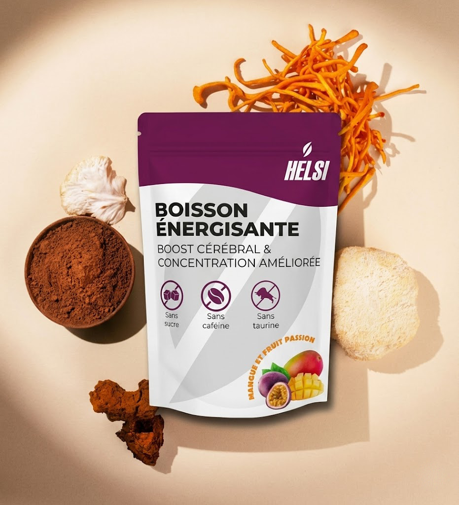 Un pack Helsi accompagné de champignons et entouré de poudre.