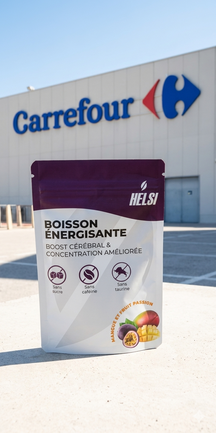 un pack de Helsi en premier plan et en fond une enseigne Carrefour sur un mur