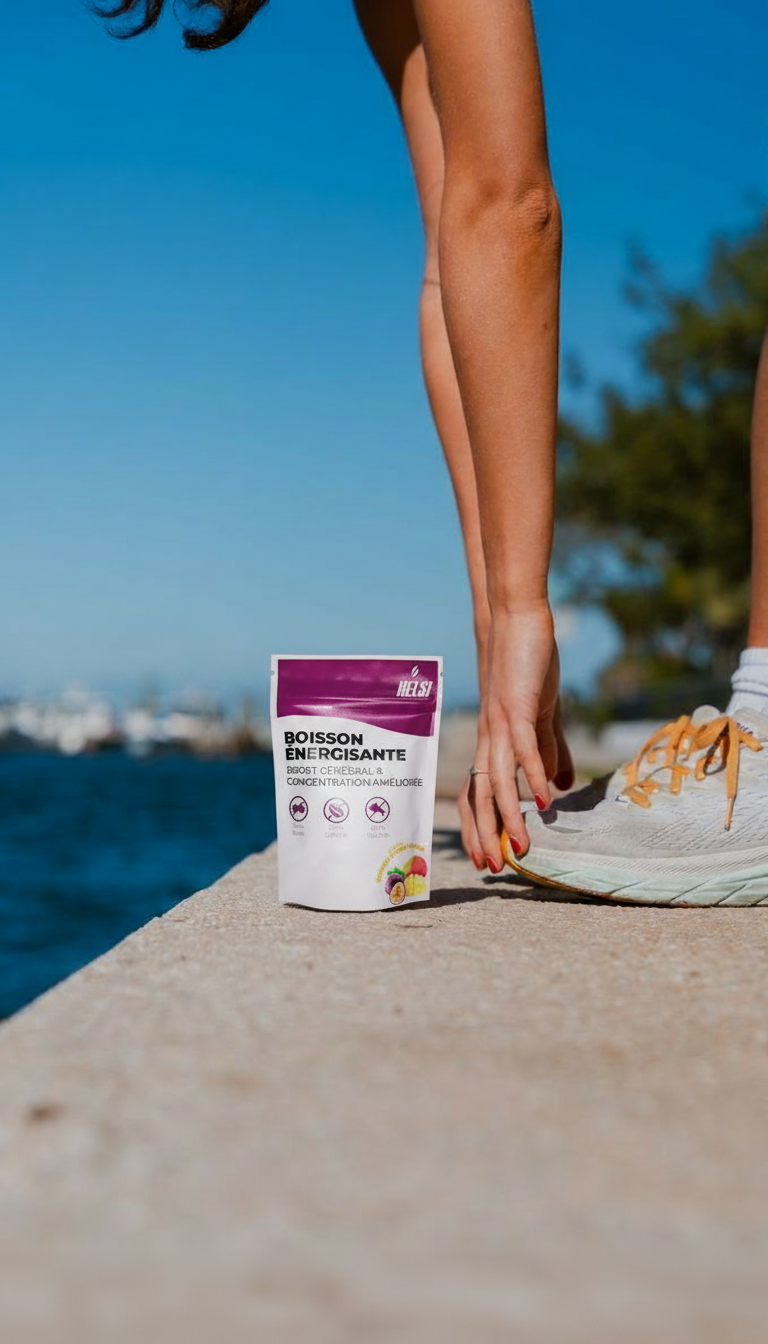 Un pack Helsi posé au sol, avec une fille en baskets s’étirant à côté.