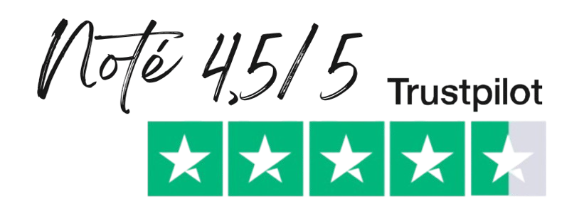 l'inscription "noté 4,5/5 Trustpilot" avec 4 étoiles vertes sur 5 en dessous