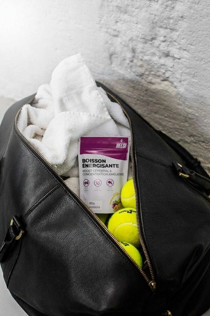 un pack de helsi dans un sac de sport avec des serviettes et des balles de tennis
