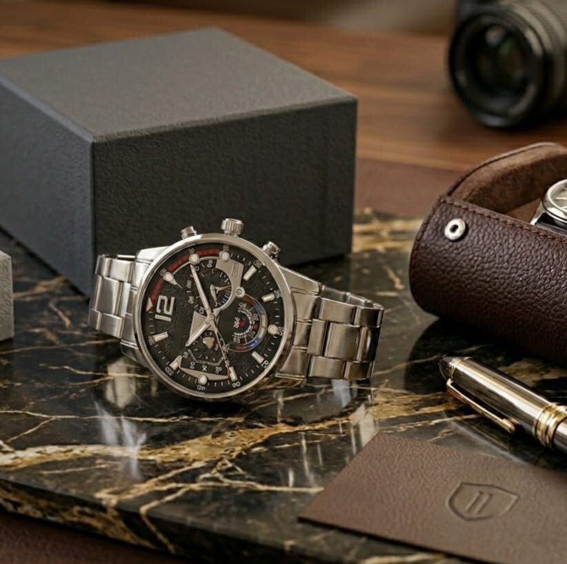 Reloj de pulsera para Hombre plata y negro. Correa metaliza de eslabones