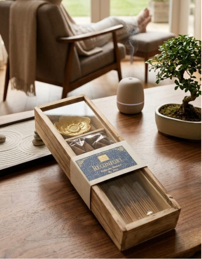 El aroma del bienestar profundo. Set de incienso en cofre de madera natural rustica con tapa de cristal