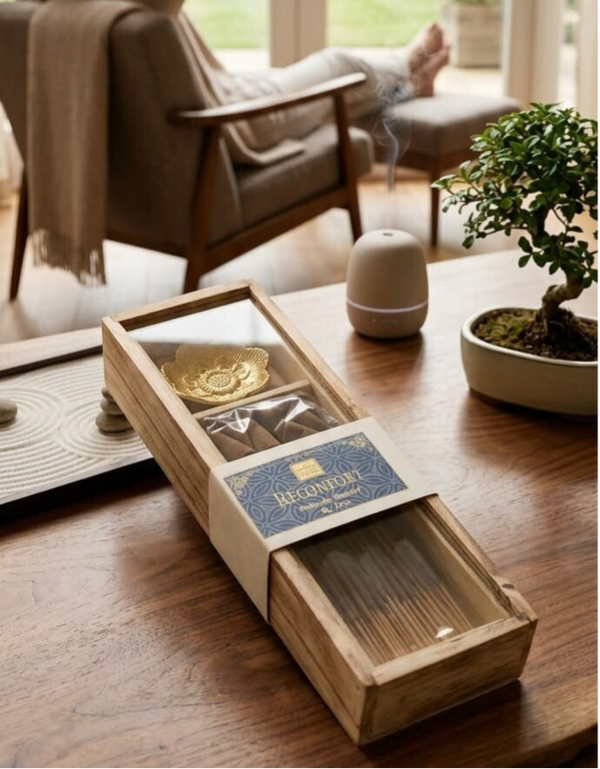 El aroma del bienestar profundo. Set de incienso en cofre de madera natural rustica con tapa de cristal