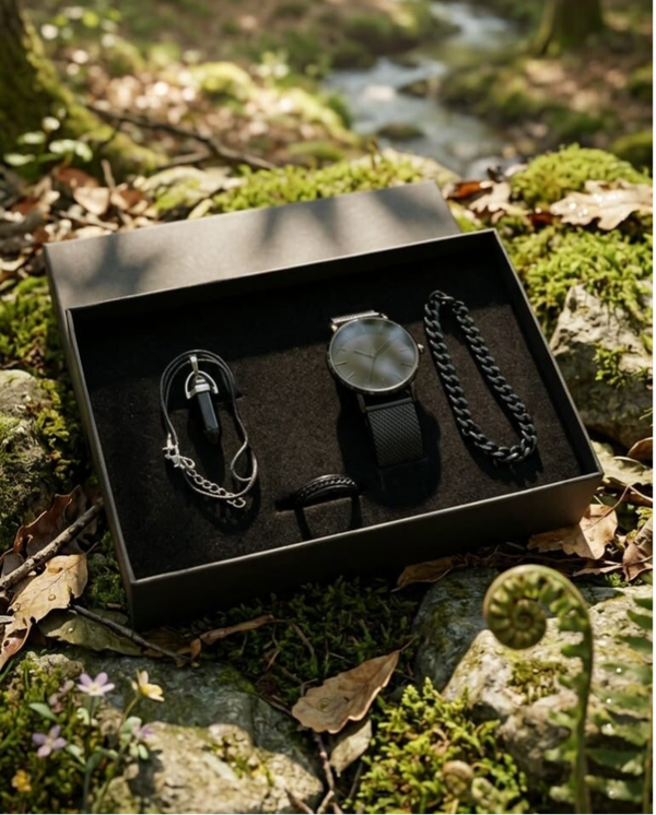 Conjunto Hombre - Reloj negro, pulsera negra, anillo negro labrado y piedra Onix con correa de cuero