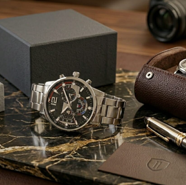 Reloj de pulsera para Hombre plata y negro. Correa metaliza de eslabones