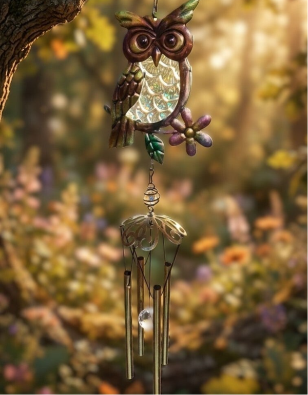 Carrillón de viento con Búho con tubos de metal y piedra ambar