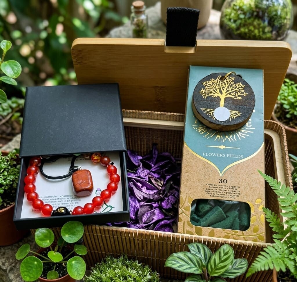 Cofre de bambú, en su interior 30 conos de incienso y porta conos, pulsera siete chacras en jade rojo y colgante de piedra natural jade rojo con collar de cuero