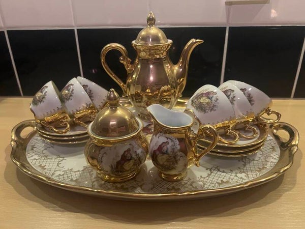K 8: Duits porseleinen koffieservies met 24k goud – compleet vintage set (1950–1970)