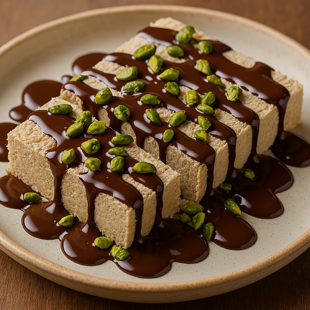 Kokosnuss-Halva mit Schokolade und Pistazien. Vigan