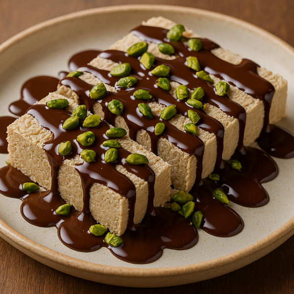 Kokosnuss-Halva mit Schokolade und Pistazien. Vigan