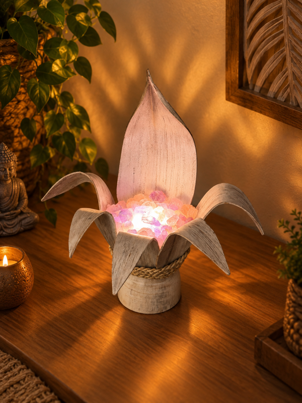 Lampe artisanale en feuilles de bananier / Améthyste et quartz rose bruts