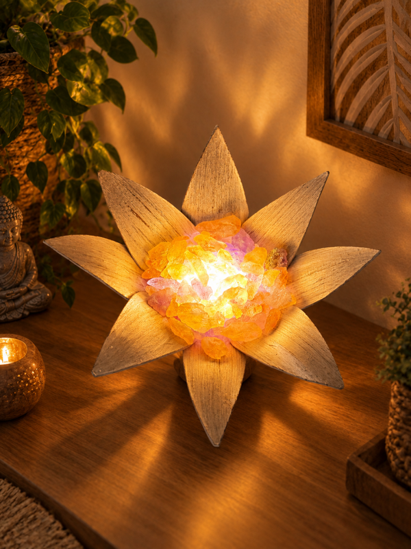 Lampe artisanale en feuilles de bananier / Améthyste et Citrine bruts
