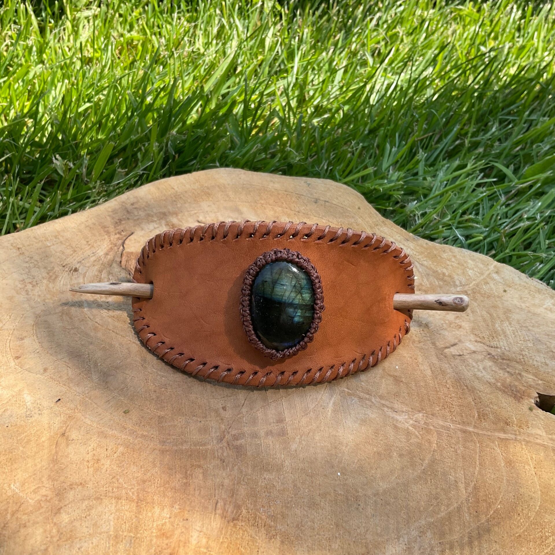 Haarclip leer met Labradoriet lichtbruin L